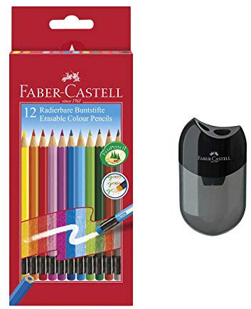 Faber-Castell 116612 Radierbare Buntstifte mit Gummitip, 12er Kartonetui (12er + Doppelspitzer)