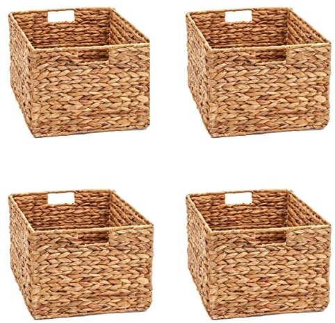 Trademark Innovations Large Foldable Rectangle Woven Wicker Basket Bins for Storage (Set of 4)