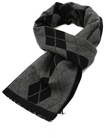 American Trends Mens Winter Warm Scarf Plaid Tassel Scarf for Men Soft Long Cotton Scarves Black & Grey Diamond