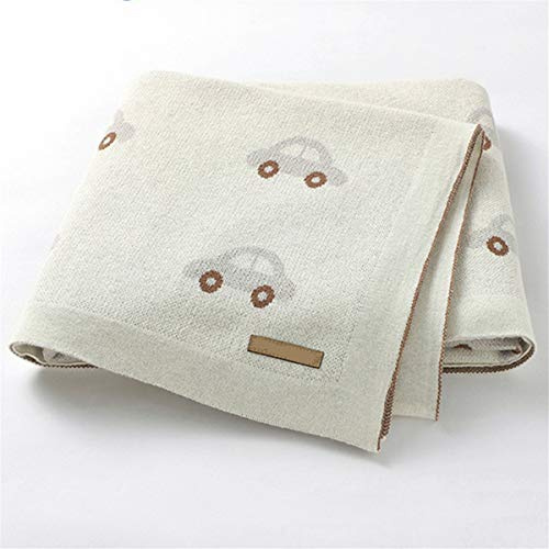 Surwin Strickdecke Babydecke Kuscheldecke Baumwolle, Mädchen und Jungen Babys Gestrickt Kinderdecke Freien Krabbeldecke Perfekt für Kinderwagen Babybett (80x100cm,Beiges Auto)
