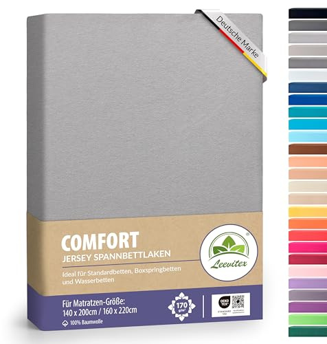 leevitex Premium Spannbettlaken 140 x 200-160 x 220 cm | 100% Mako-Jersey-Baumwolle | ÖKO-TEX | 170g/m² | 40 cm Steg | Grau