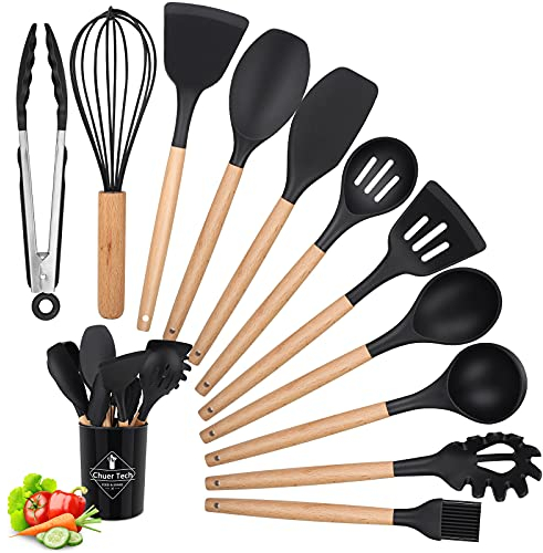 Set Utensili Cucina Silicone, 12 PCS Set Mestoli Cucina, Accessori per Cucina con Contenitore e ​Manico in Legno Senza BPA con Schiumarola/Spatole/Spatola/Cucchiaio/Frusta/Pennello/Mestolo/Paletta