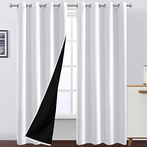 LEMOMO 100% Blackout Curtains 52 x 84 Inches Long Thermal Insulated White Curtains with Black Liner Set of 2 Panels for Nursery Room