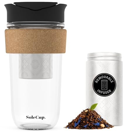 SoleCup. Large Travel Mug Loose Tea Infuser - Detachable Tea Strainer with Spill Proof Lid - 18oz/530ml BPA-Free Reusable Glass Travel Coffee Cup with Cork Band (Black, 530ml / 18oz)