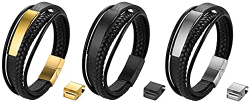 JewelryWe Schmuck Personalisiert Lederarmband mit Gravur, Handgemacht Geflochten Mehrreihiges Leder Armband Edelstahl Magnetverschluss Verstellbar Armreif Manschette für Herren Damen