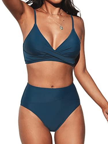 CUPSHE Dam Twist Front Hög Midja Bikini Set V-hals Vadderad Två Delar Baddräkter Baddräkter