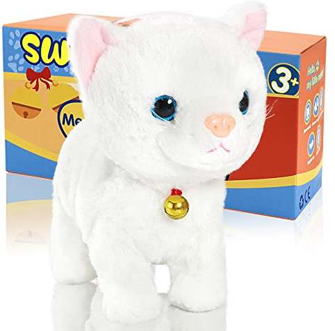 Interactive Plush Cat, Touch & Sound, Walks & Meows, Soft White Gift | Upgraded 2.0 chip, 8 tricks, soft & safe, interactive, battery, gift box