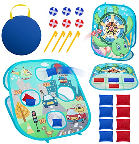 Jeu de Lancer de Pouf pour Jouet Enfants, 3 en 1 Jeu de Lancer de Sac de Haricots, Pliable Portable Jeux de Jardin Fête d'anniversaire Plein Air pour Garçons et Filles de 3 à 8 Ans
