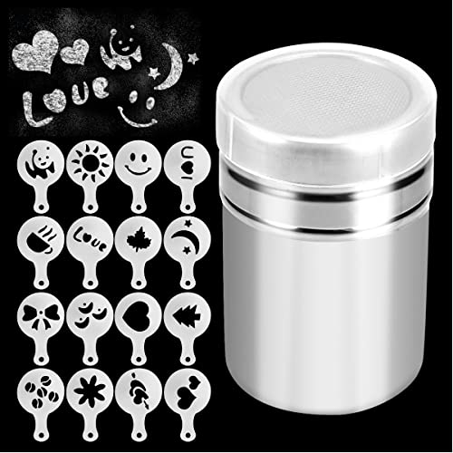 Espolvoreador Cacao de Acero Inoxidable con Tapa 16 Piezas Plantillas Decorar Cafe Espolvoreador Cacao Vintage Coctelera para el Café Capuchino Latté