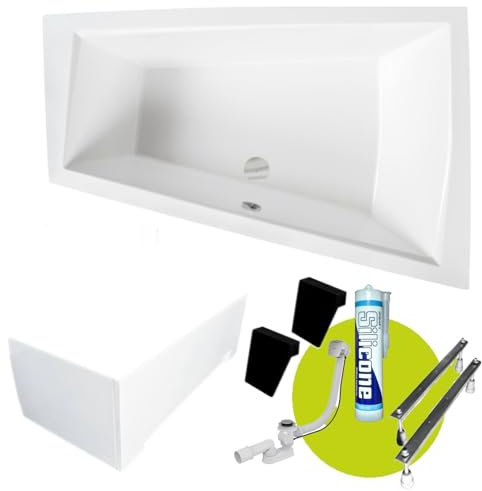 ECOLAM Baignoire trapézoïdale pour deux Intima Duo 170x125 cm droite | tablier acrylique | 2x appuie-tête noir | Vidange automatique Alcaplast + Pieds silicone