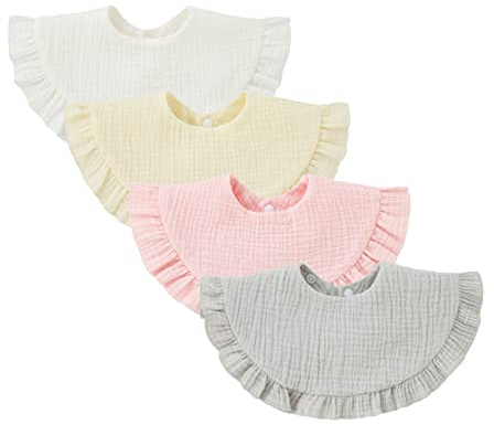 Nishine 4 stycken unisex baby muslinbandana, dregelhaklapp 360 grader, vridbar bomull, barnsjukdomar, matning, dreglande haklapp för pojkar flickor, Vit uppsättning, S