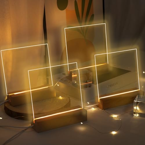 LACGO 4 PCS 6'' Wooden Light Base with Acrylic Display Boards - LED Wooden Bases with Warm White Lighted Rectangle Wood Acrylic Pedestal Stand for Home Room Bar Cafe Easter Decoration