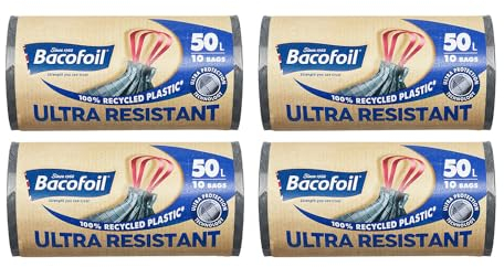 Bacofoil Ultra Resistant Bin Liners with Drawstring Handles 50L - Leak-Proof and Tear Resistant Bin Bag with Ultra Protection Technology (4 Rolls, 40 Bags)