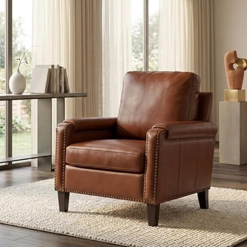HULALA HOME Genuine Leather Accent Chair with Wooden Legs & Nailhead Trim, Comfy Upholstered Armchair with Removable Cushion & Rolled Arms (Brown)