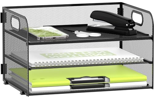 DALTACK 3 Tier Paper Organizer with Handle, Mesh Metal Desk Organizer with Sliding Paper Trays for Letter/A4 Paper, Mail, Bills & Folders, Black