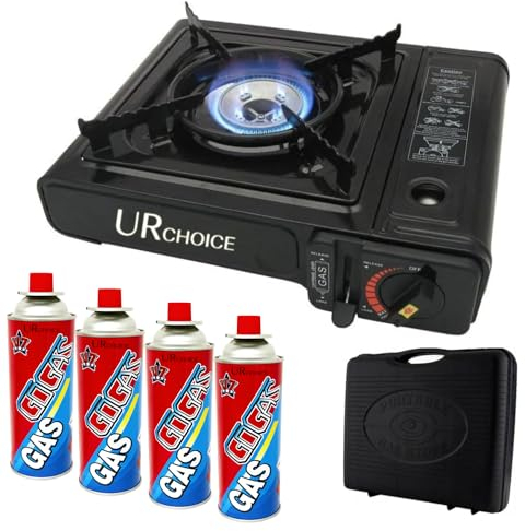UR CHOICE Portable Black Camping Gas Stove with Cary Case & 4 Butane Gas | Heat Control | Single Burner | Ideal For Outdoor Camping, Caravan & BBQ, Gatherings, Parties, Cooking.