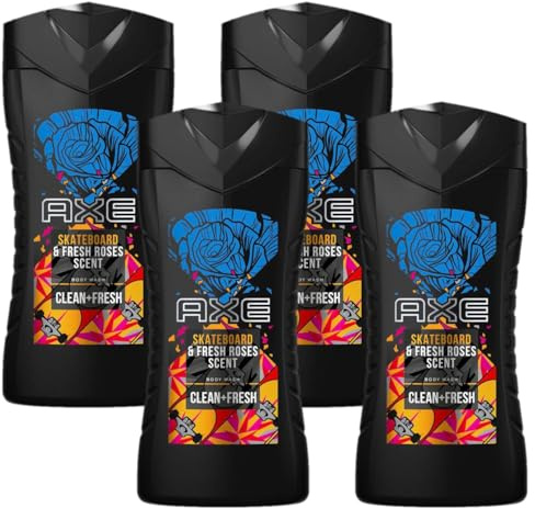 Axe Skateboard & Fresh Roses 3in1 Duschgel Herren Body Hair Face 12h frischen Duft auf Pflanzenbasis (1 x 250 ml) (Packung mit 4)