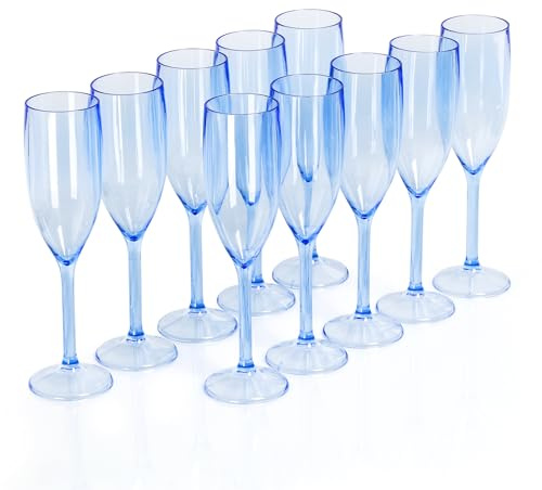 Lot de 10 flûtes à champagne en plastique incassables pour mimosa, cocktail, anniversaire de mariage, fête - Bleu clair - 153 g