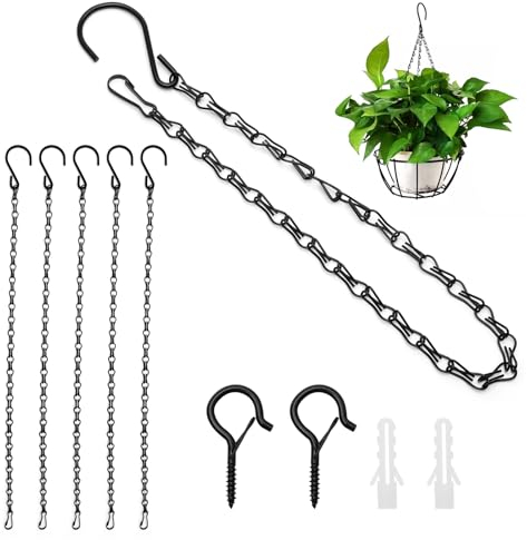 6 Pièces Chaînes de Suspension 50 cm, Chaine Noire Metal Suspension avec 2 Crochets Mural, Chaîne avec Crochet pour Pot Fleurs, Mangeoire à Oiseaux, Lampes