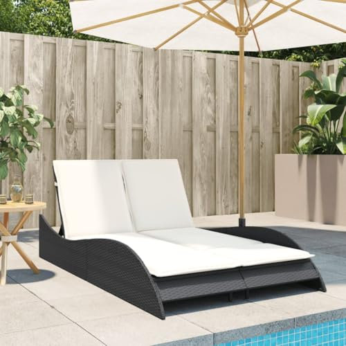 Homgoday Sonnenliege mit Auflagen Gartenliege Relaxliege Doppelliege Strandliege Liegestuhl Liege Gartenmöbel mit 3-Fach verstellbare Rückenlehne Schwarz 114x205x73 cm Poly Rattan