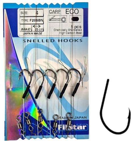 PRO FILSTAR Angelhaken ECO CARP Set 5 STK N4 - Vorfach Wirbel Flechtschnur | 25cm - Angeln Karpfen Zubehör - Carp Fishing Hook - Boilies & Pellet Haken - Method Feeder – Vorfachschnur - Sport Set