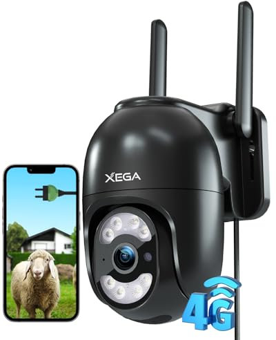 Xega 4G Telecamera Esterno con Scheda SIM, 24/7 Continua Registrazione Telecamere, Rilevamento di Movimento, Tracciamento Automatico,Rotazione 355°/100° Visione Notturna(Senza WiFi)【Ricarica del Cavo】