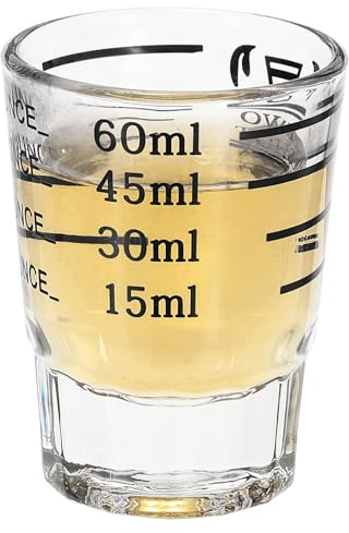 PATIKIL Vaso de chupito medidor, 2 onzas/60 ml, redondo, transparente, pesado, vaso medidor, vaso de chupito espresso con 4 tipos de escala para café expreso, líquido, herramientas de cocina, color