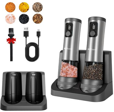 Electric Salt and Pepper Grinder Set with Charging Base, Upgraded LED Display & Variable Grinding Speed, Rechargeable Stainless Steel Automatic Pepper Mill with 100Ml Large Capacityfor Cooking Gifting