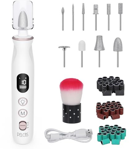 PELCAS Electric Nail File, 10 Speeds Cordless Nail Drill with LCD Screen, Electric Nail Drill Machine with LED Light for Beginners Portable Type-C Rechargeable Nail Files for Acrylic and Gel Nails