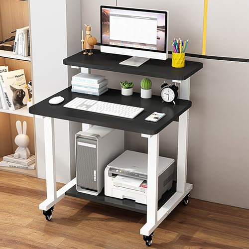 Computertisch mit 3 Etagen, rollbar, mit Monitorständer und Aufbewahrungsregalen für kleine Räume, kompakter Laptoptisch für den mobilen Einsatz (schwarz, 73,7 cm)