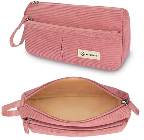 FINPAC Astuccio in Velluto a Costecon, Portatile Cancelleria Borsa con Cinturino da Polso, Portamatite Astuccio con Cerniera per Scuola Ufficio Studenti Universitari Adulto (Rosa)