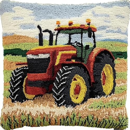 ANSIWEIGO Reisfeldlandschaft Knüpfkissen Zum Selber Knüpfen,Traktor,Knüpfen Set Handgemachte Geschenke Knüpfteppich Für Kinder Und Erwachsene Knüpfset,43x43cm/17x17 Zoll