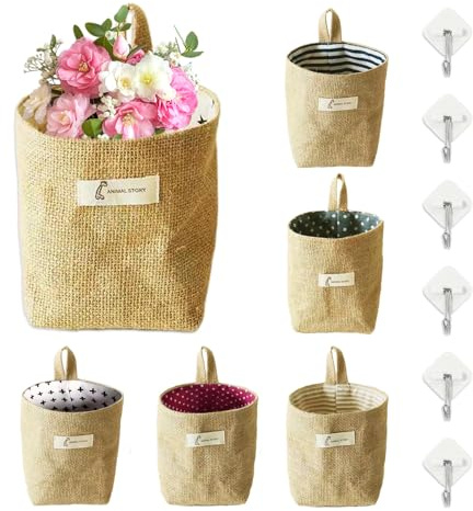 GYYXH 6 Stück Hängekorb Baumwolle-Leinen mit Klebehaken | Faltbar, 13×10×13cm, ohne Bohren, für Bad Schlafzimmer Kinderzimmer Deko