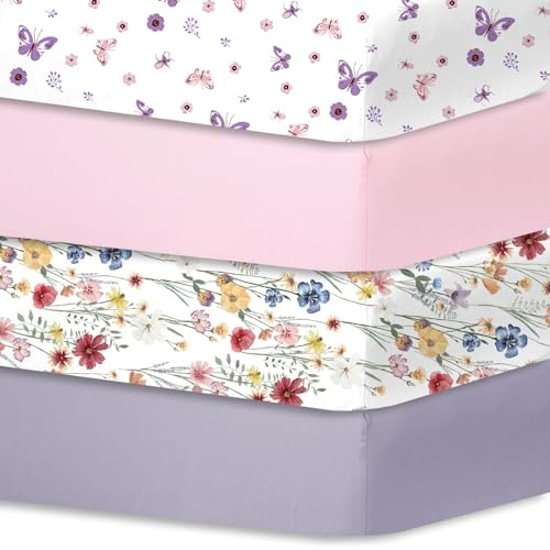 Little Grape Land Lenzuolo con angoli elasticizzati per culla, in microfibra traspirante, certificato Oeko-TEX, 60 x 120 cm, 4 pezzi, farfalla/rosa/fiori/grigio lilla