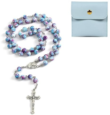 LIULINY Juego de 1 Pieza Rosario Católico, Collar de Rosario de Comunión con Bolsa de Regalo de PU, Cuentas de Oración de Cruz de Jesús, para Bautizo, Comunión, Boda, Fiesta (Morado)