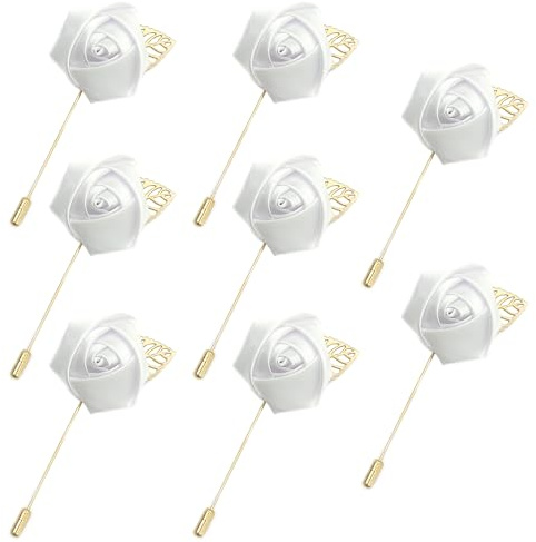 Brosche Blumen boutonnière Handgemachte Lady Anstecknadel Boutonniere Satin Blume Anstecknadel Lange Blumen Anstecknadel Boutonniere Pin Ansteckblume für Braut,Bräutigam, Prom Party (Weiß2)