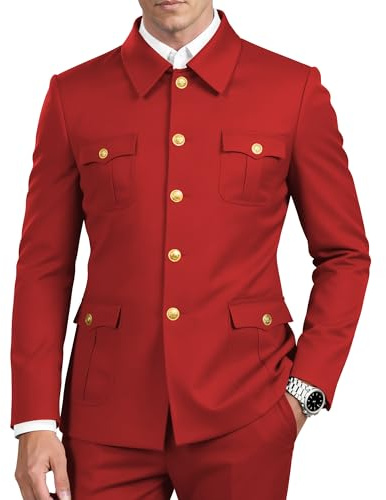 CYANDUSTY Red Men Tunic Suit Jacket Chinese Traditional Single Breasted Gold Button Uniform Jacket Pants Wedding S