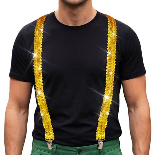Zoestar St. Patrick's Day Sequin Suspenders Rave Sparkly Suspender Irish Festival Costume Accessories for Men and Women (Gold)