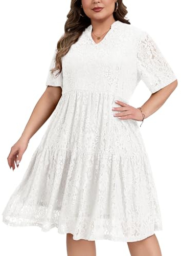 Kyzoeyou Vestido de encaje para mujer, tallas grandes, elegante, cuello de pico, vestido oscilante, manga corta, encaje, vestido de verano, cóctel, W-blanco, 3XL Grande