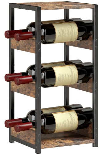 HOMCOM Portabottiglie Vino 6 Bottiglie Scaffali Ondulati Marrone Rustico | Porta Bottiglie di Vino Design Industriale, Piedini Regolabili per Cucina Soggiorno