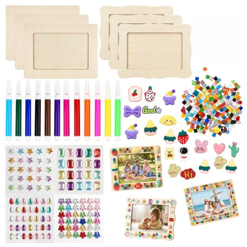 6 Stück Bilderrahmen Holz Set, 20 x 15 cm Holzbilderrahmen, DIY Basteln Bilderrahmen für Kinder, Bilderrahmen Holz Set, Holzbilderrahmen Set mit Stife/Sticker, Geschenk für/Deko/Bemalen/Geburtstag