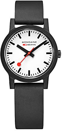 Mondaine Essence Damen-Armbanduhr, 32 mm, offizielle Schweizer Eisenbahn-Armbanduhr, schwarzes Armband aus erneuerbarem Material, 30 m wasserdicht, nachhaltig, verschiedene Variationen, Uhren für