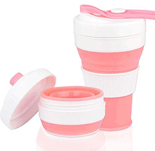 AniSqui coffee to go becher faltbar, [Bechermund mit Gewinde], (450ml 16oz, 100% Lebensmittelqualität Silikon BPA-frei kaffeebecher faltbar) by Pink | Mund mit Faden, faltbare Silikonbecher, faltbar, tragbare Kaffeetasse