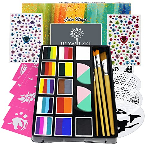 Bowitzki Professionelles Gesichtsbemalungs-Set für Kinder und Erwachsene, 12 x 10 g, Gesichtsbemalungs-Set, Schablone, One Stroke Split Cakes Palette, ungiftig, Regenbogen, Halloween, Weihnachten