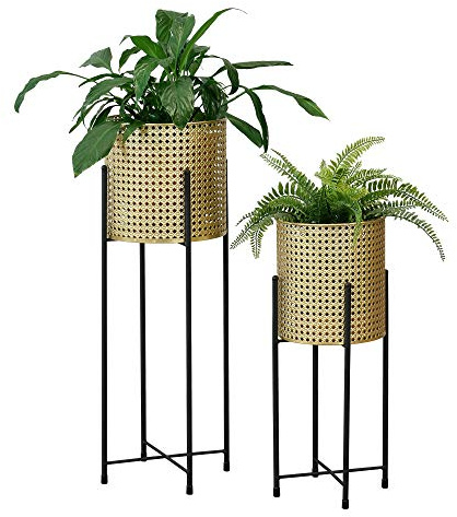 [en.casa] Set de 2 Supports de Plante Ensemble Cache-pot Pot de Fleur Bac à Fleurs Vase Métal Tailles Différentes Noir Doré