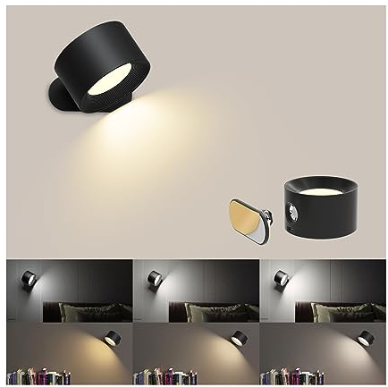 Coollamp LED Indoor Wall Lamp, Bedroom Wall Light with Warm/Natural/White Light, 3 Brightness Levels, Rechargeable Battery, Touch Control, 360 ° Rotate, Wall Lamp for Living Room Corridor Stairs