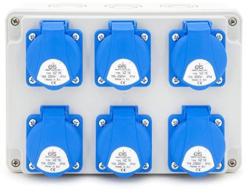 ELS Elektrotechnika Distributore da parete, 6 x 230 V, prese Schuko IP54, distributore di corrente da costruzione, pronto per il collegamento, officina, garage, IP44
