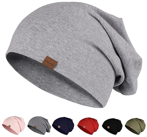 YANIKY mössa män kvinnor, slouch beanie mössa bomull, tunn lätt mössa, mjuk kemomössa, vindtät jersey lång beanie för alla årstider, LJUSGRÅ, En Storlek