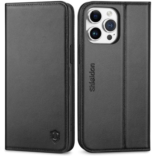 SHIELDON Echtleder Hülle für iPhone 15 Pro Max 6,7 2023 5G, Schwarz | Kartenfach, Standfunktion, RFID Blocker, Klappbare Schutzhülle, Magnet Lederhülle, Stoßfeste Handyhülle, Telefon Cover