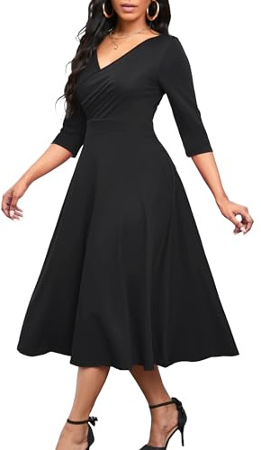 Nmoder Women's Casual Wrap Flared Midi Dress Wedding Guest Cocktail Tea Dresses A-Line Swing V-Neck 3/4 Sleeve Black M